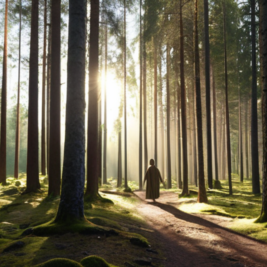 **A sunlit forest in Dalarna, Sweden. Rays of light break through the canopy, creating a sacred atmosphere. A figure is walking among the trees, conveying a sense of peace and connection with nature. Focus on the interplay of light and shadow.**