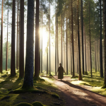 **A sunlit forest in Dalarna, Sweden. Rays of light break through the canopy, creating a sacred atmosphere. A figure is walking among the trees, conveying a sense of peace and connection with nature. Focus on the interplay of light and shadow.**