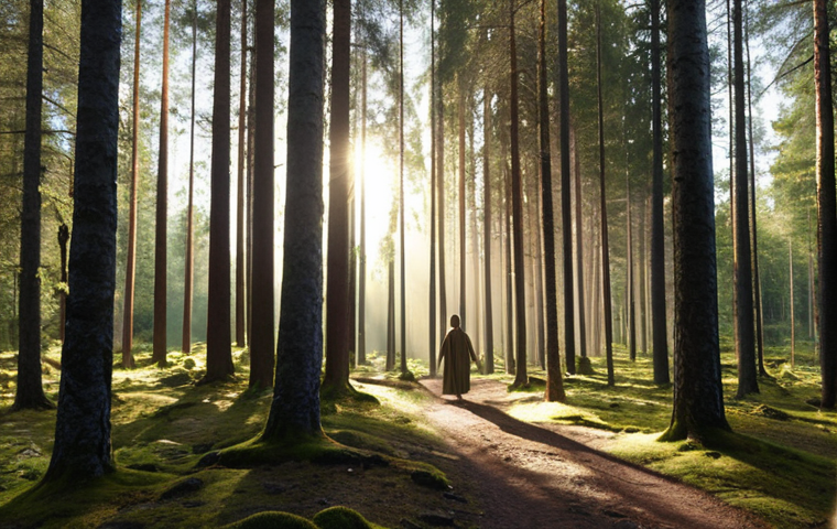**A sunlit forest in Dalarna, Sweden. Rays of light break through the canopy, creating a sacred atmosphere. A figure is walking among the trees, conveying a sense of peace and connection with nature. Focus on the interplay of light and shadow.**