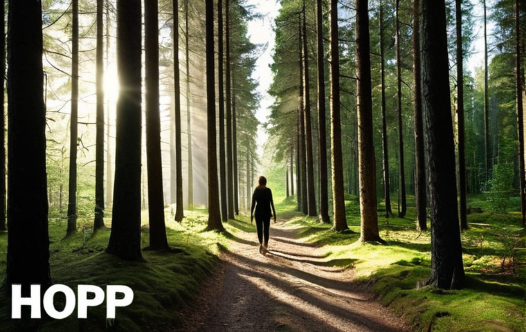 **

A sunlit forest path in Sweden, a person walking with a hopeful expression, dappled light filtering through the trees, representing finding hope in dark times. Add the word: "Hopp"

**
